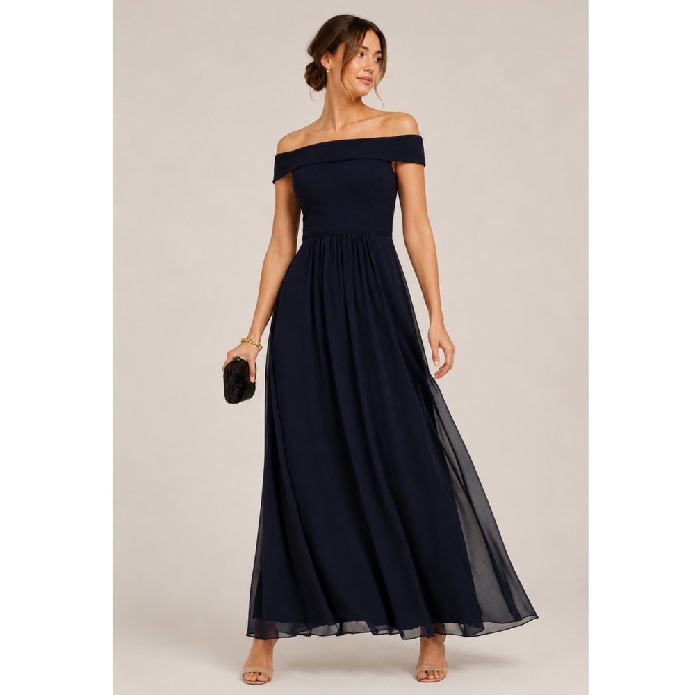 Adrianna Papell Navy Off-Shoulder Maxi Dress